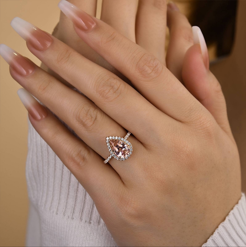 Morganite pear shaped halo ring in rose gold size 6